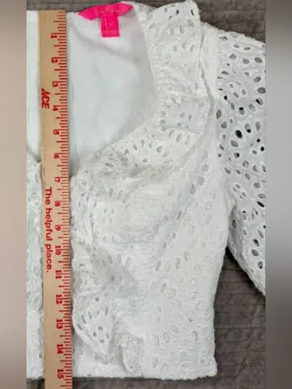 Lilly Pulitzer White Eyelet Lace Ruffle V-Neck Crop Top,Puffy Sleeves, NWT, S:4